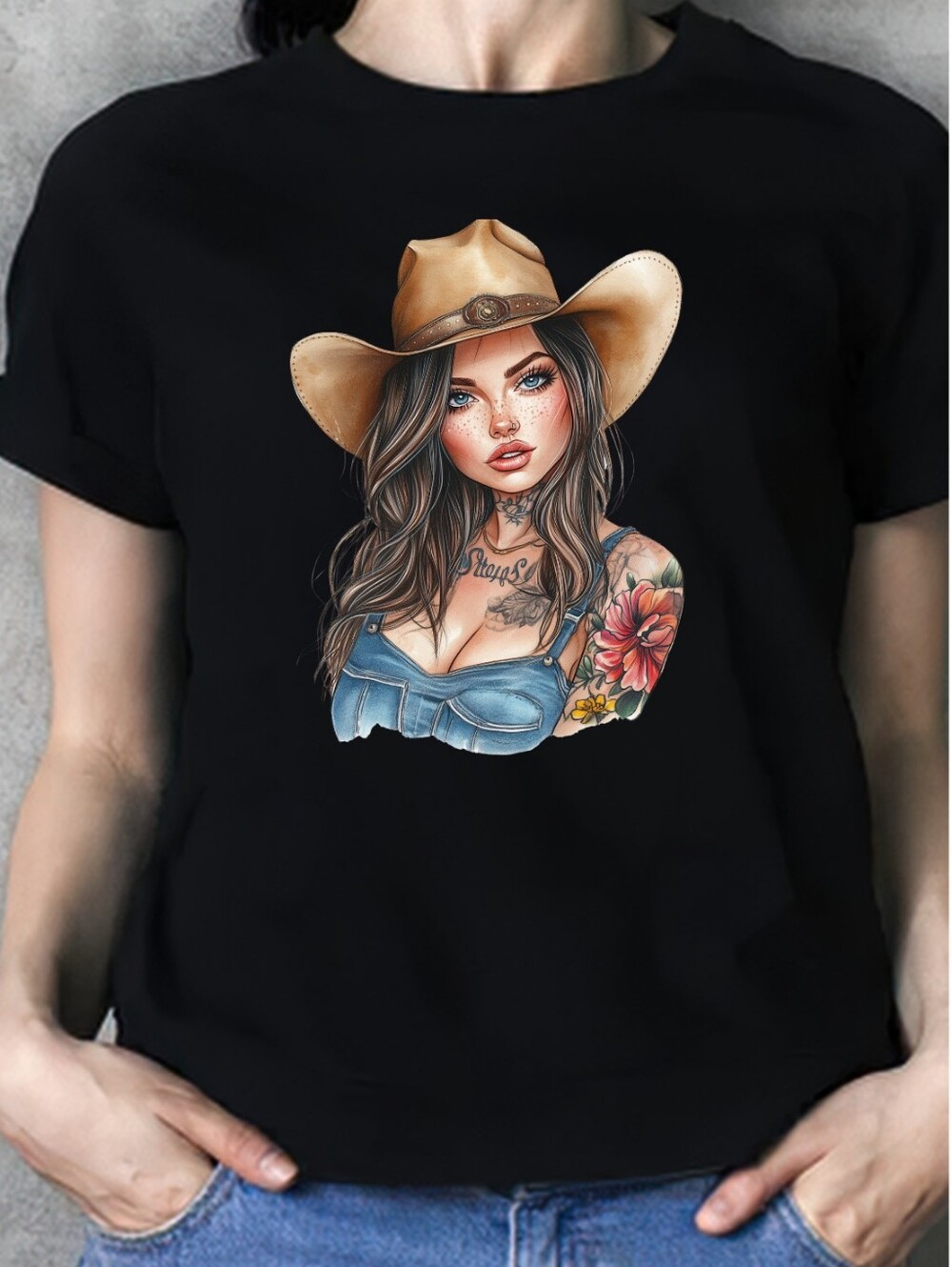 Luxury Black Western Cowgirl Graphic Tee - Floral Tattoo Size M